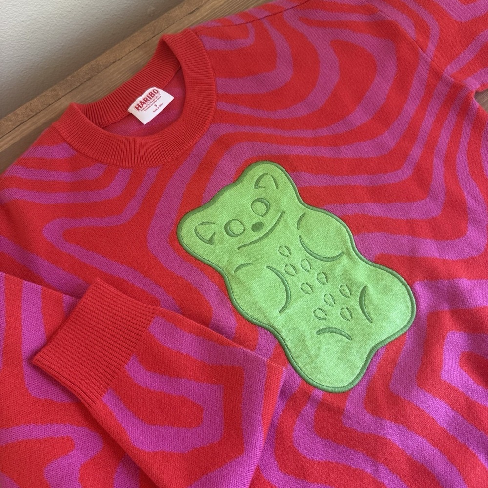Haribo Womens Small Pink Red Vibrant Wavy Gummy Bear Embroider Sweater